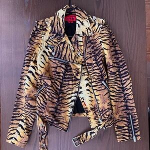 Tripp NYC Vintage Wild Child Tiger Animal Print Punk Goth Moto Jacket w/ Belt
